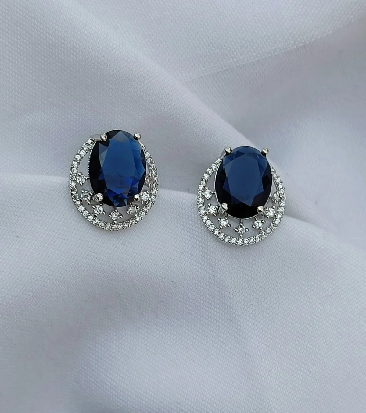FHF Silver Plated American Diamond Blue Stone Stud Earrings