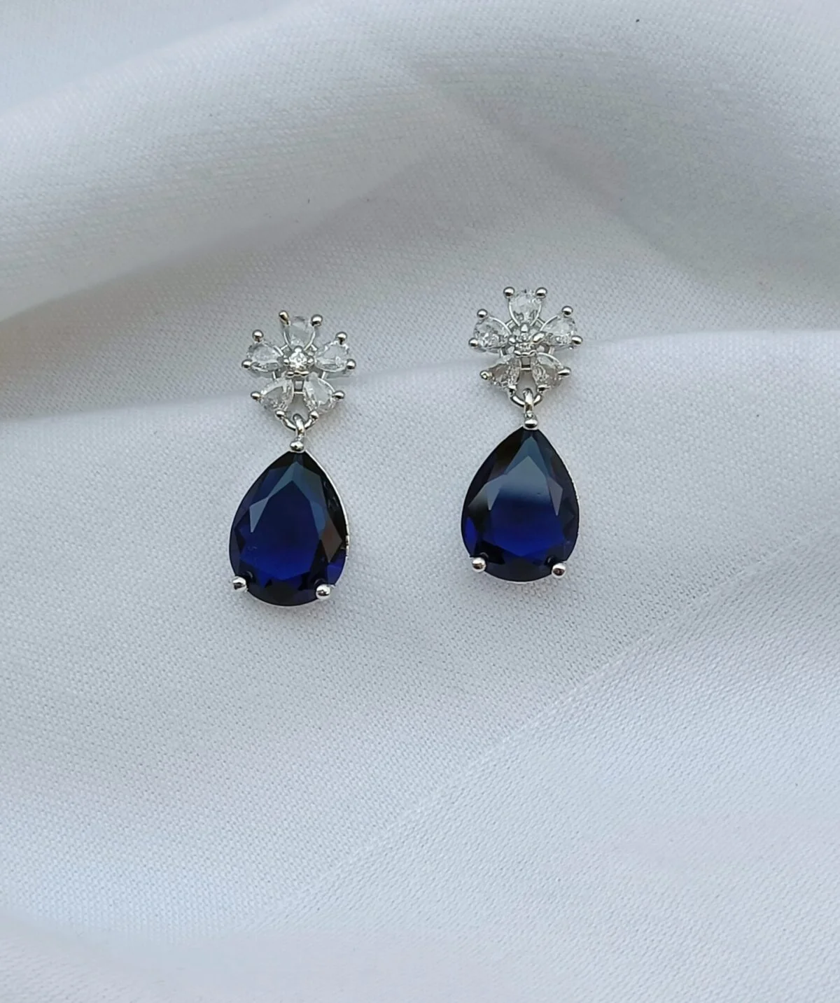 FHF Silver Plated American Diamond Flower Blue Drop Stone Earrings