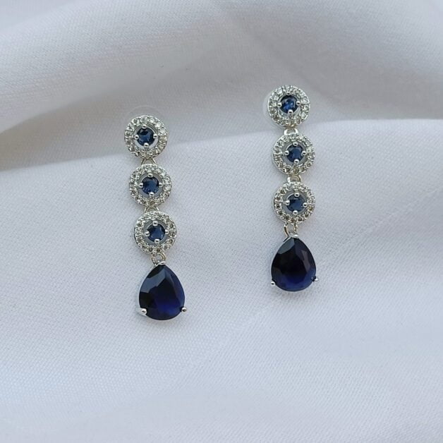 FHF Silver Plated American Diamond Layered Blue Drop Stone Earrings
