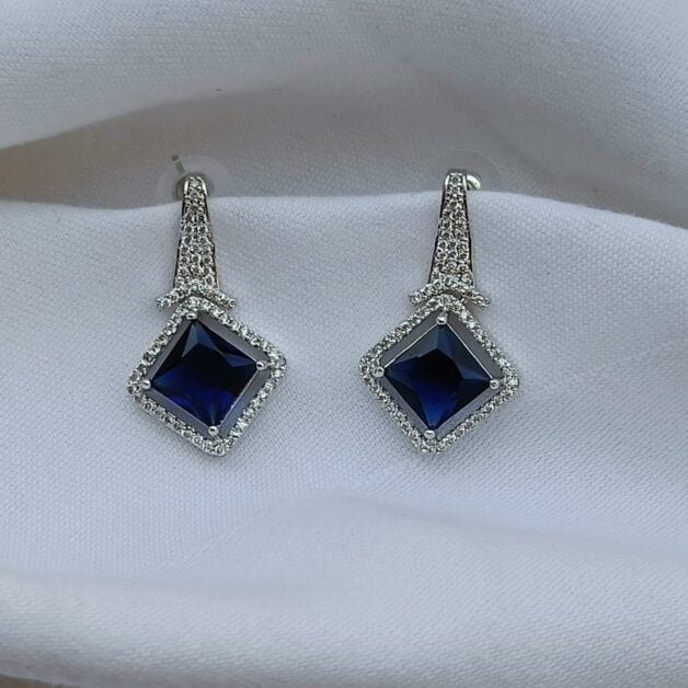FHF Sliver Plated American Diamond Blue Stone Dangler Earrings