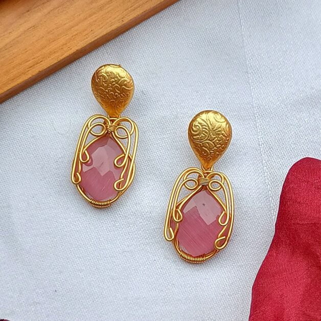Designer Gold Plated Brass Pink Stone Drop Earrings