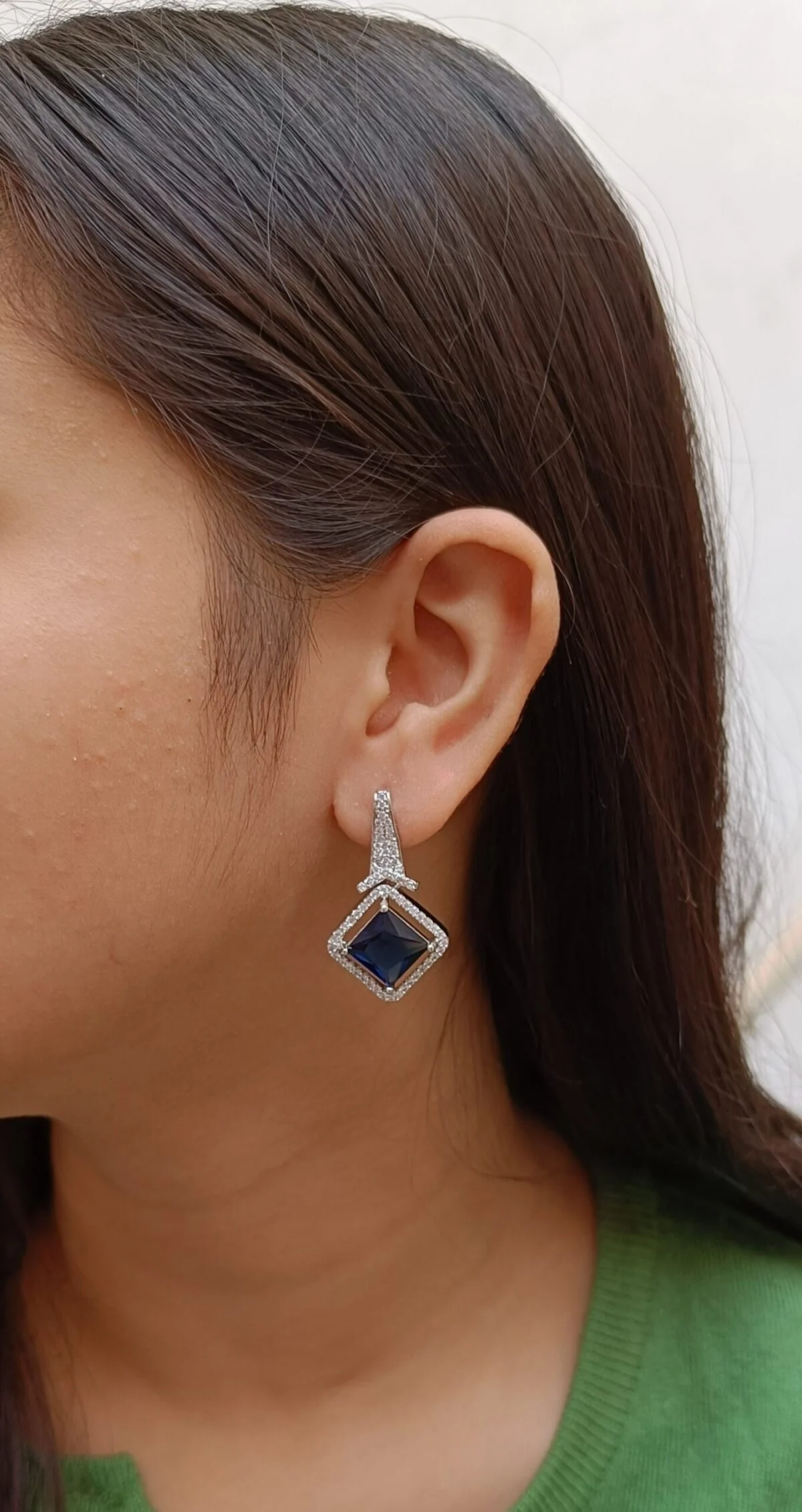 FHF Sliver Plated American Diamond Blue Stone Dangler Earrings - Image 2