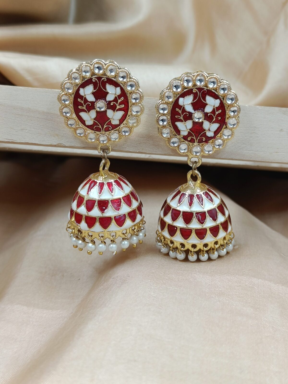 Gold Plated Red Meenakari Jhumka Earrings