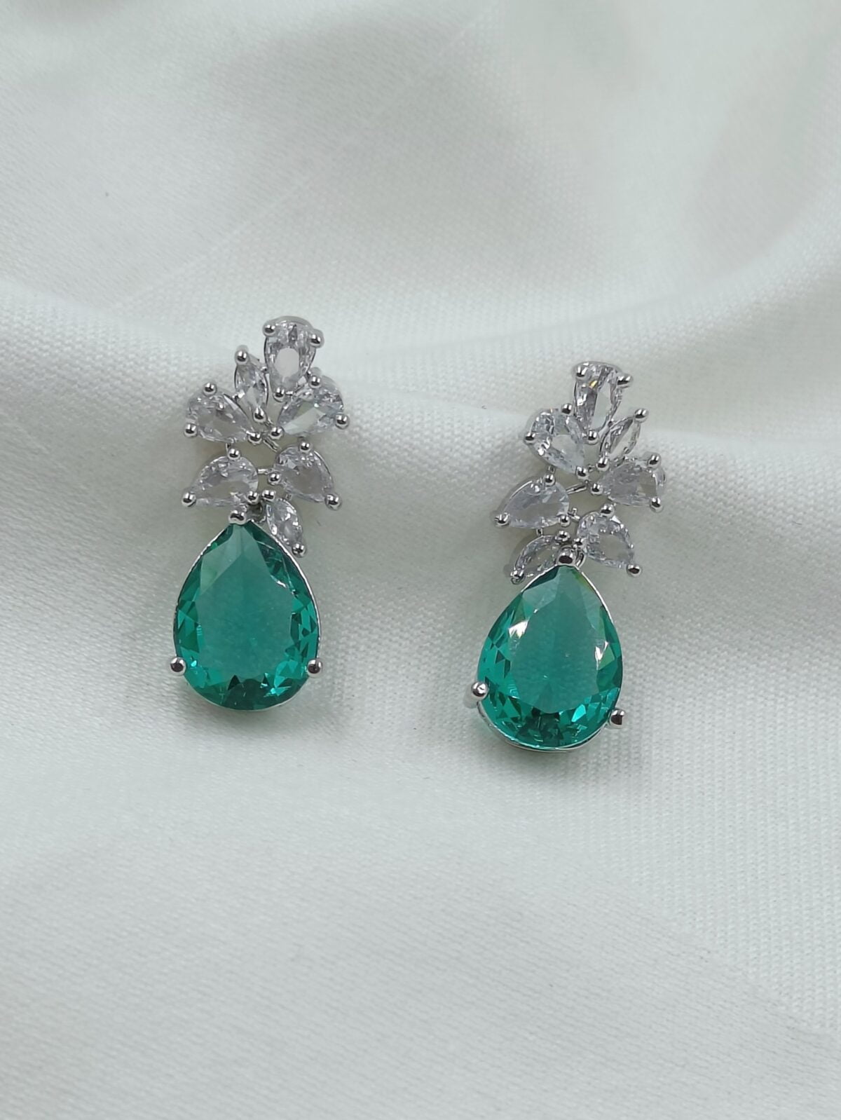 FHF Silver Plated American Diamond Designer Mint Green Drop Stone Earrings