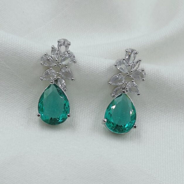 FHF Silver Plated American Diamond Designer Mint Green Drop Stone Earrings