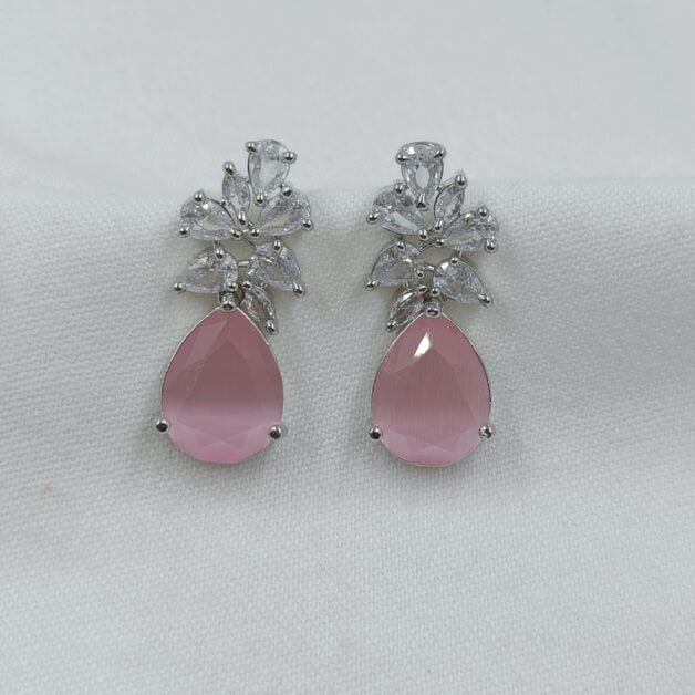 FHF Silver Plated American Diamond Designer Pink Drop Stone Earrings