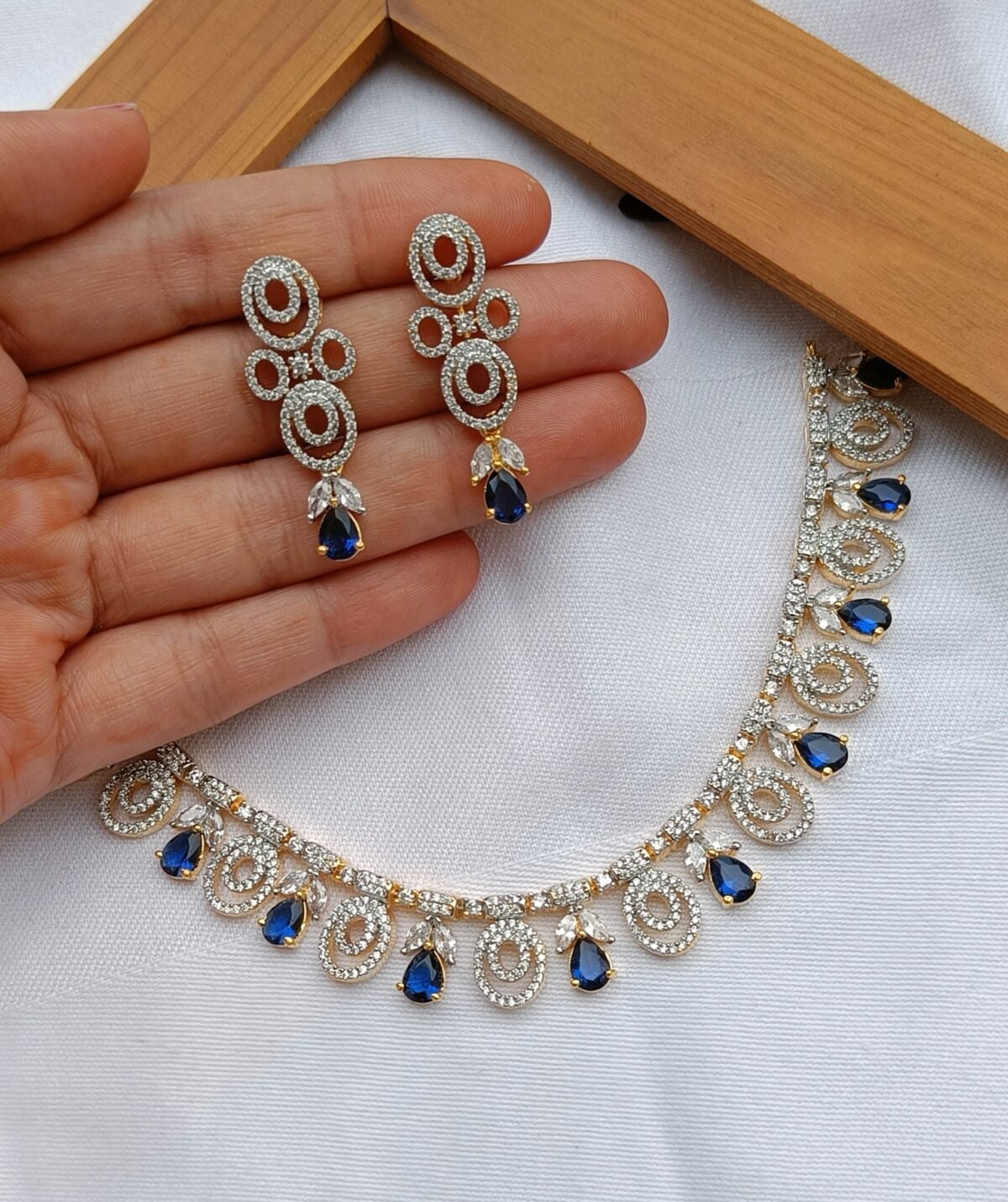 Rhodium Gold Plated Circular Blue Stone Designer Necklace Set - Image 2