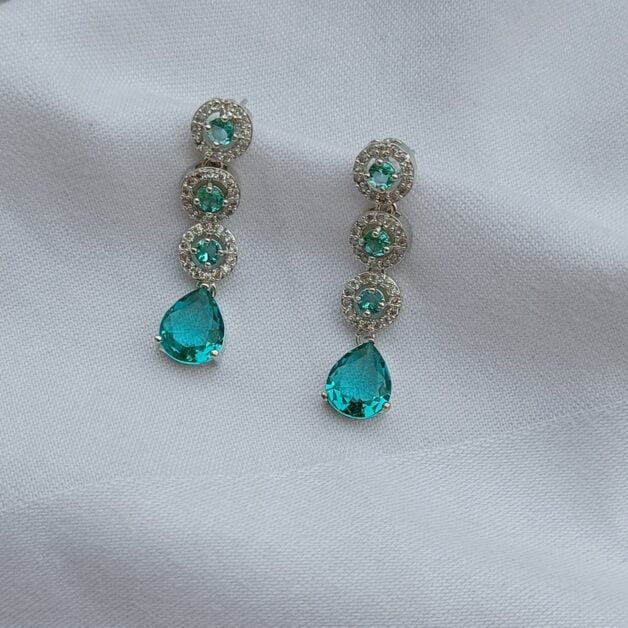 FHF Silver Plated American Diamond Layered Sea Green Stone Earrings