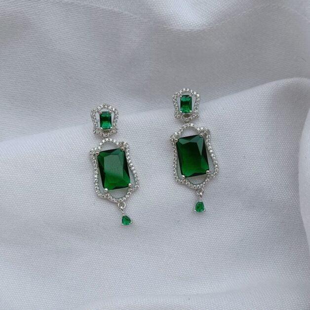 FHF Silver Plated American Diamond Green Stone Designer Earrings