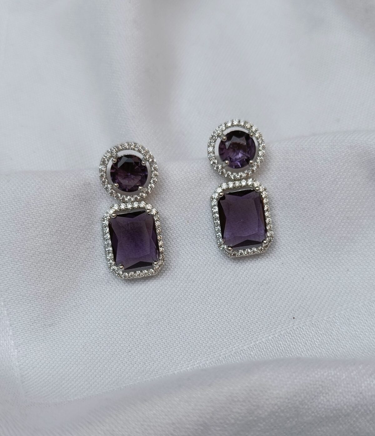 FHF Silver Plated American Diamond Purple Stone Earrings