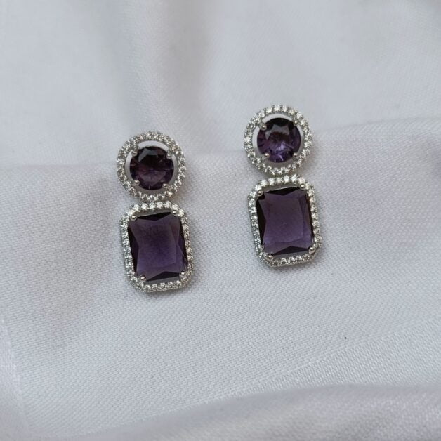 FHF Silver Plated American Diamond Purple Stone Earrings