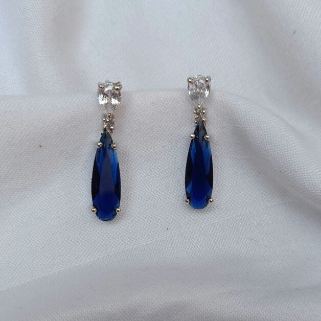 FHF Silver Plated American Diamond Blue Stone Drop Earrings