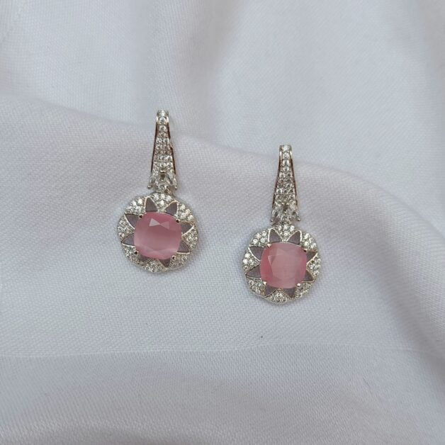 FHF Silver Plated American Diamond Pink Stone Dangler Earrings