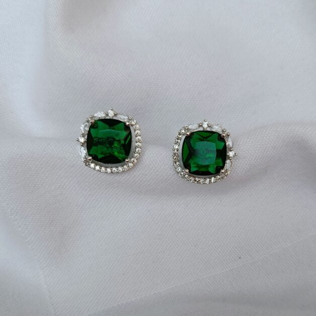 FHF Silver Plated American Diamond Green Stone Stud Earrings