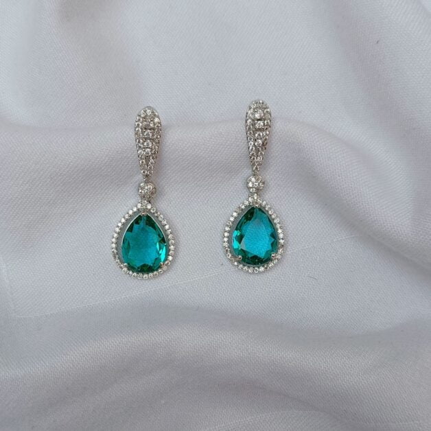 FHF Silver Plated American Diamond Sea Green Stone Drop Earrings