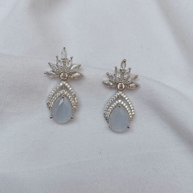 FHF Silver Plated American Diamond Crown White Stone Drop Earrings
