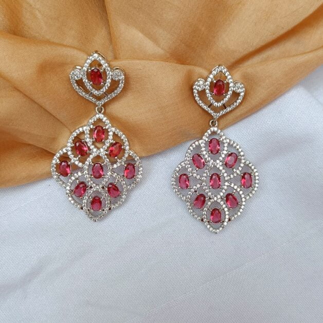 FHF Rhodium Plated Pink Stone American Diamond Earrings