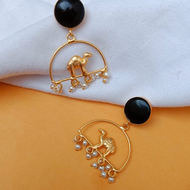 Gold Plated Black Stone Camel Design Earrings