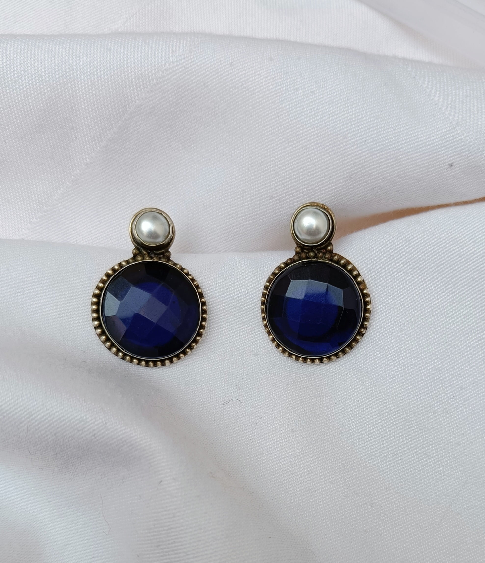 Silver Plated White Pearl With Blue Stone Earrings