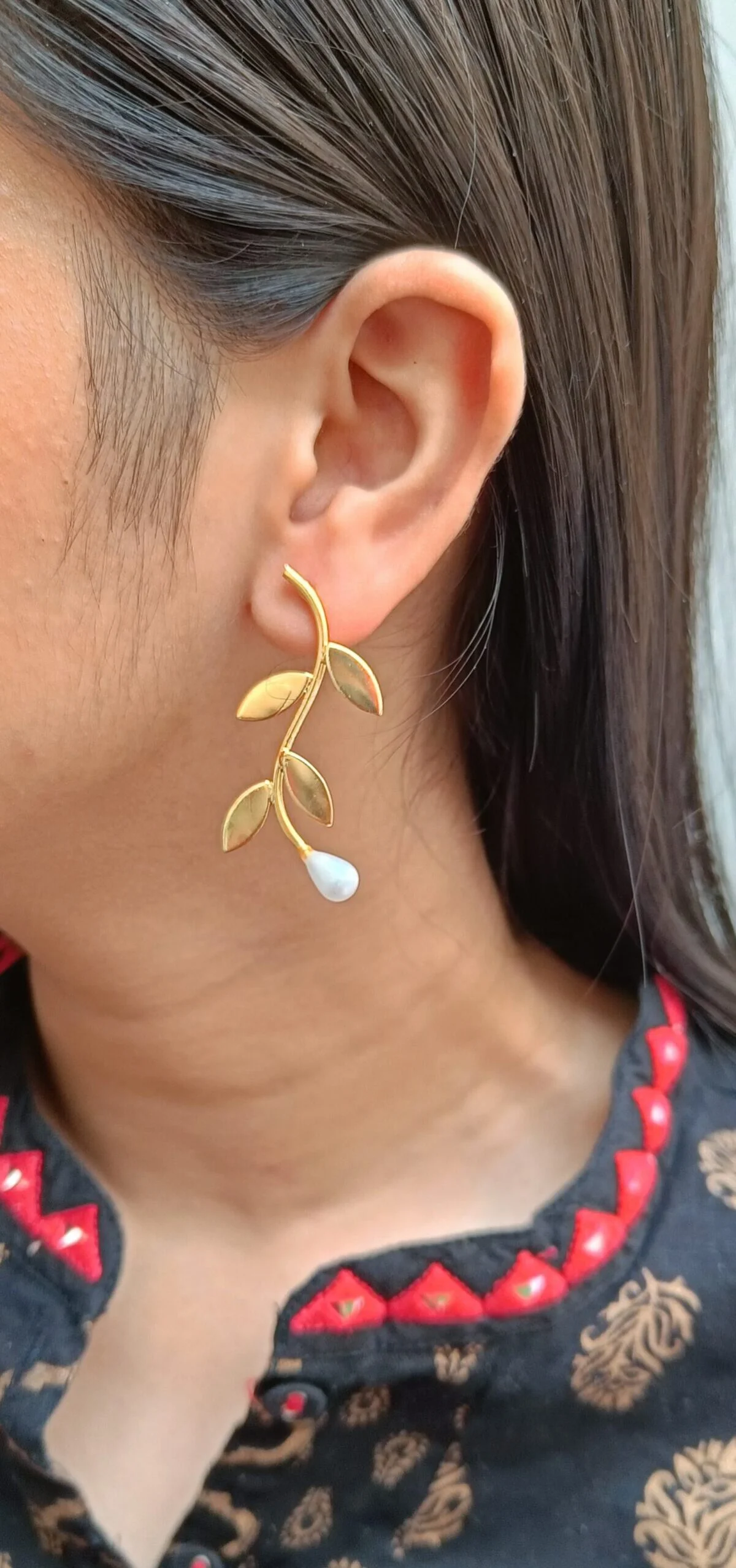 Gold Plated leafy Stylish Dangler Earrings - Image 2