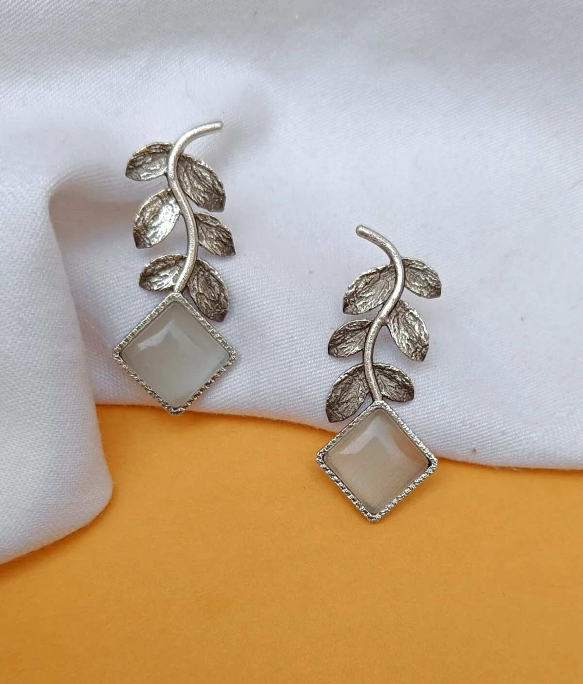 Silver plated Brass Leafy With Natural Stone Earrings