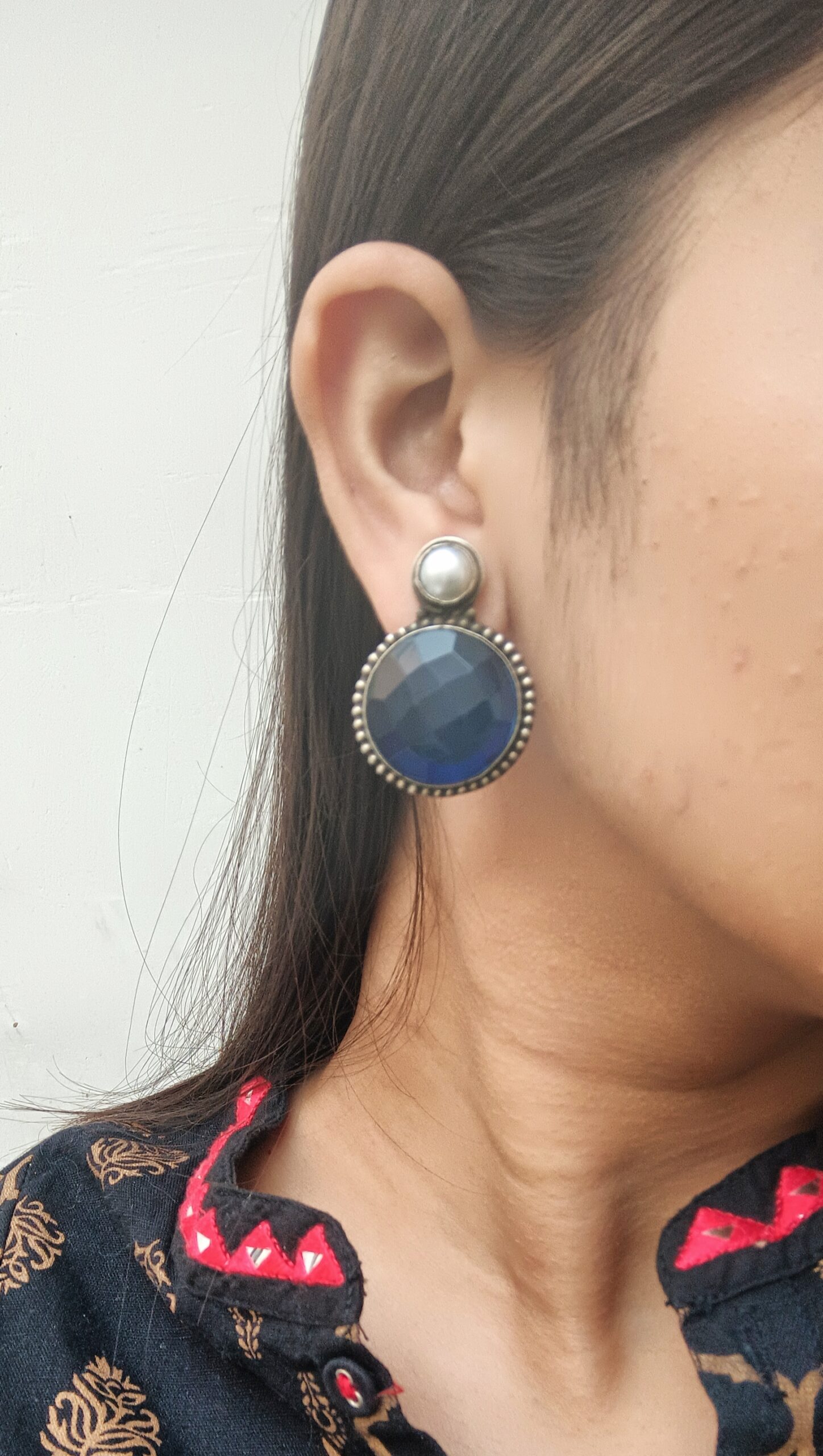 Silver Plated White Pearl With Blue Stone Earrings - Image 2