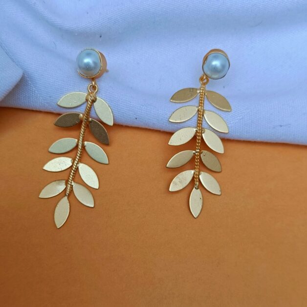Gold Plated Leafy Chain Pearl Dangler Earrings-White