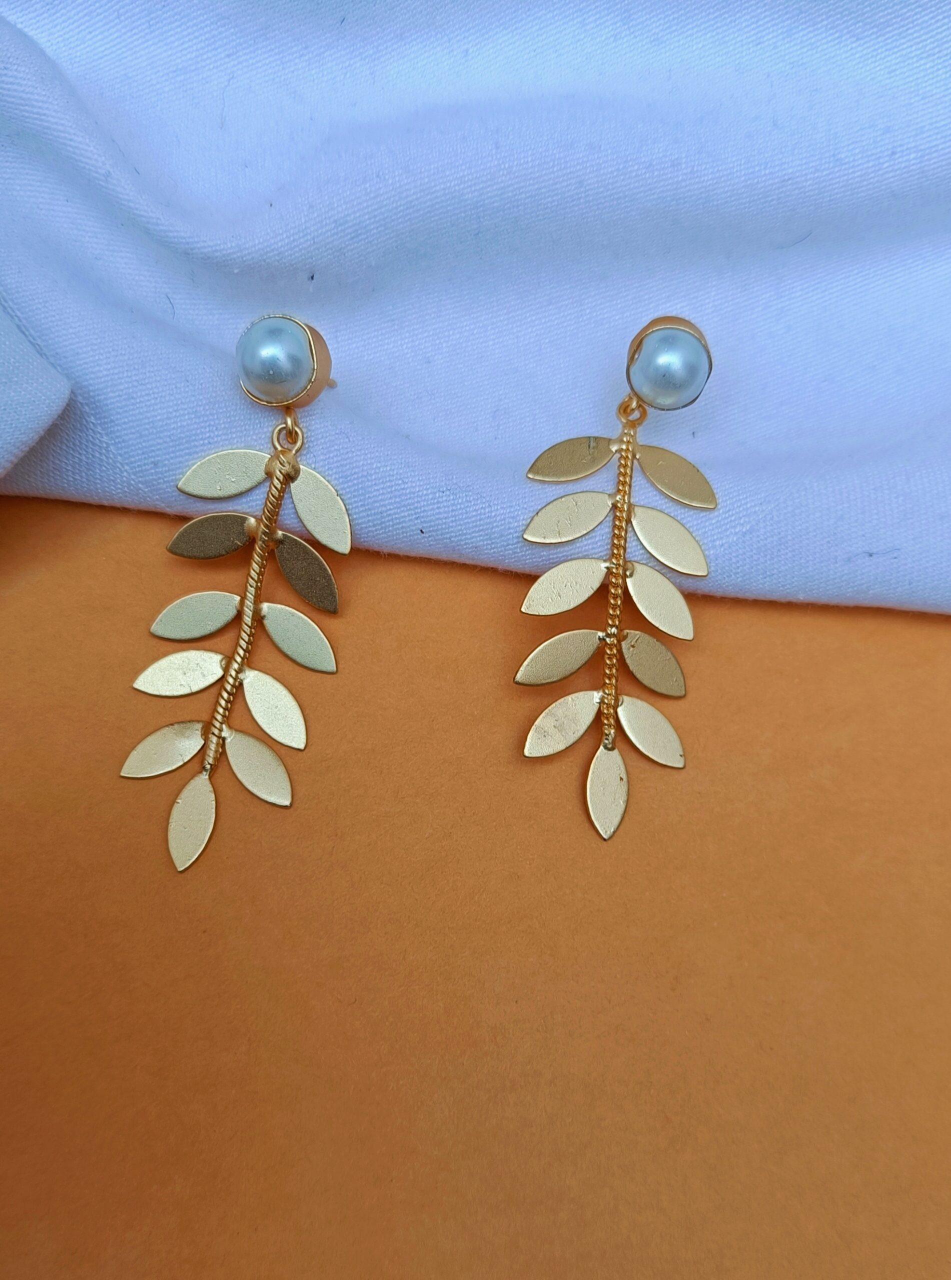 Gold Plated Leafy Chain Pearl Dangler Earrings-White