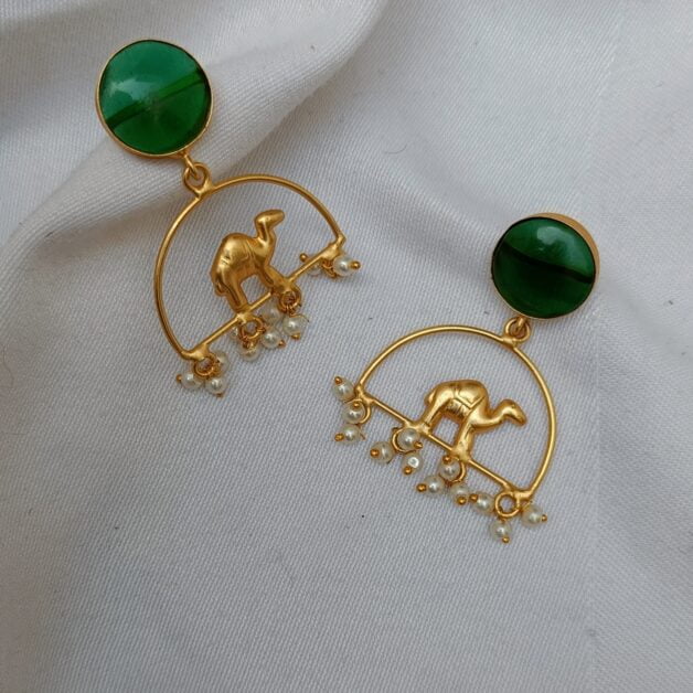 Gold Plated Green Stone Camel Design Earrings