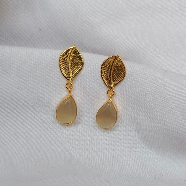 Gold Plated Leaf Drop Stone Earrings