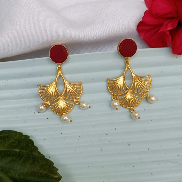 Gold Plated Natural Stone Studded Designer Earrings-Red