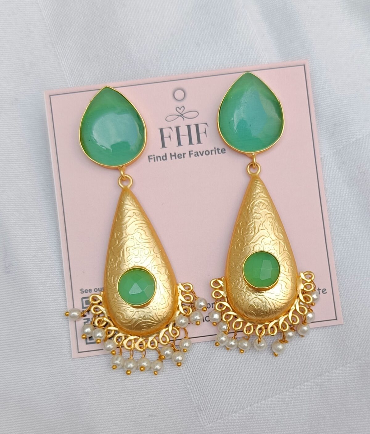 Golden Brass Tear Drop Mint Green Stone & Golden Drop Earrings - Image 4