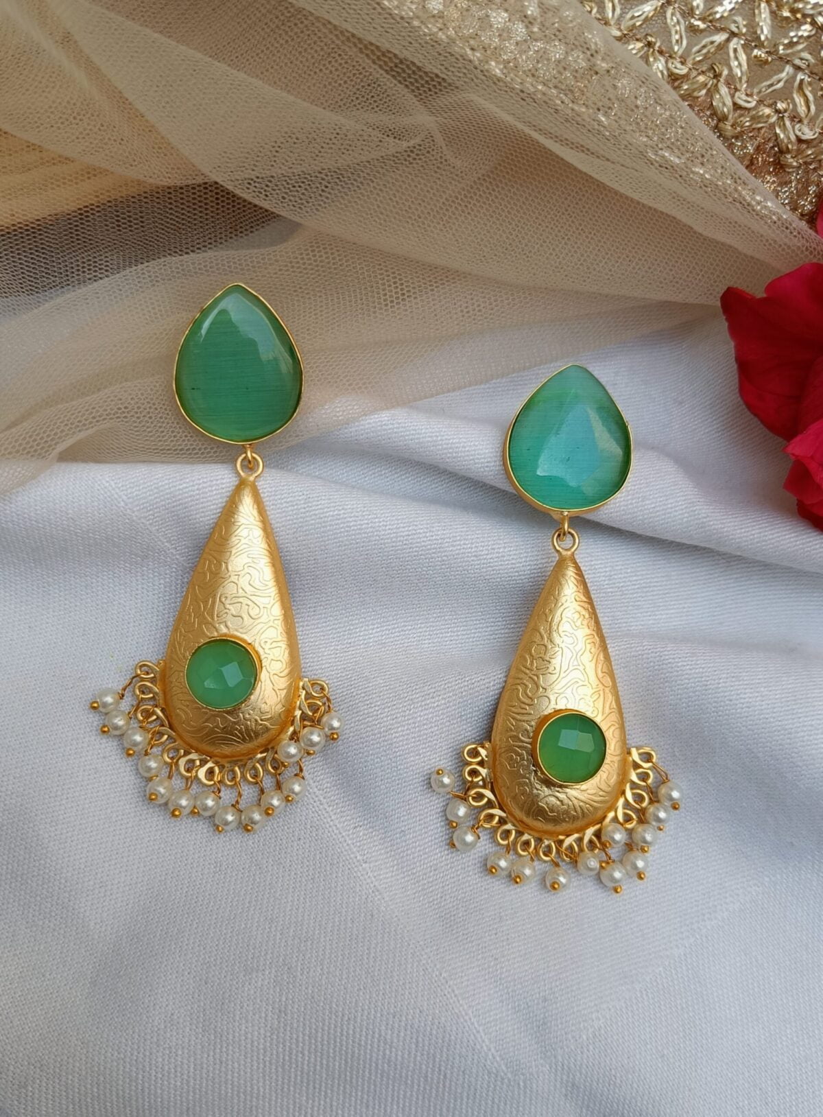 Golden Brass Tear Drop Mint Green Stone & Golden Drop Earrings