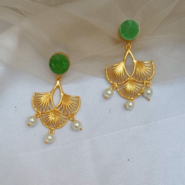 Gold Plated Natural Stone Studded Designer Earrings-Green