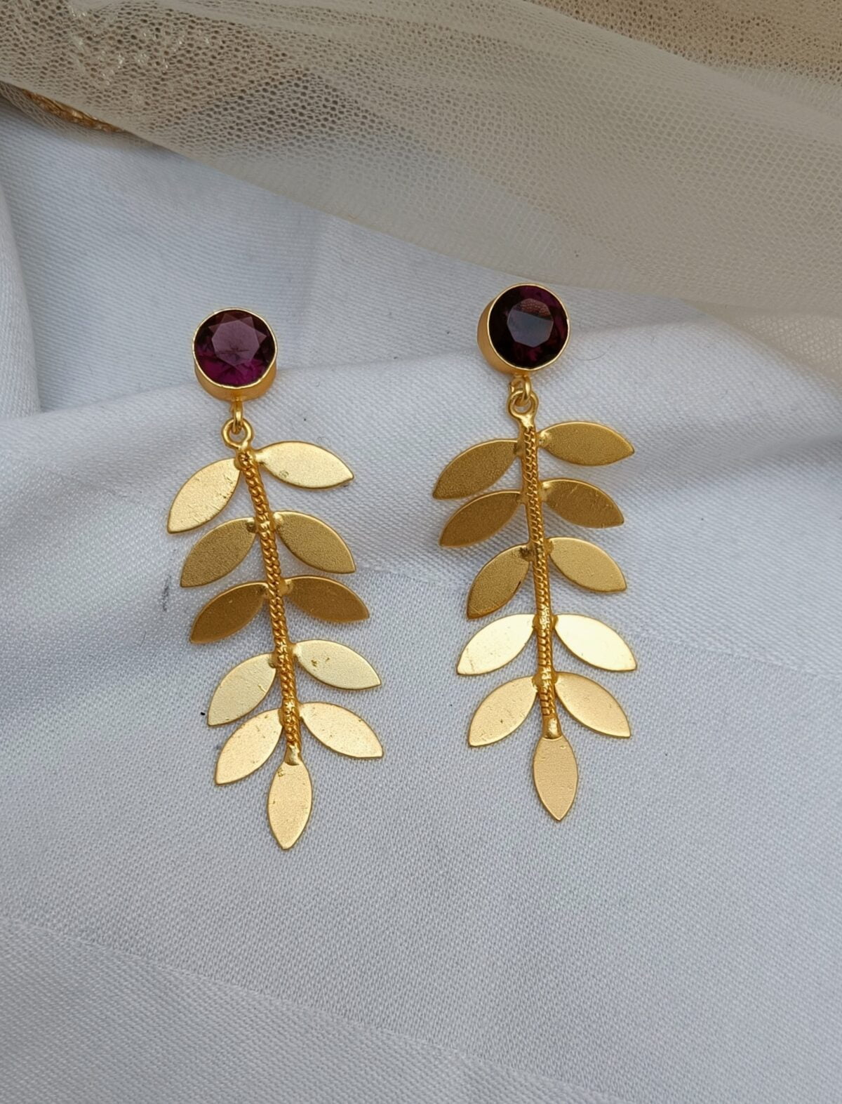 Gold Plated Leafy Chain Pearl Dangler Earrings-Purple