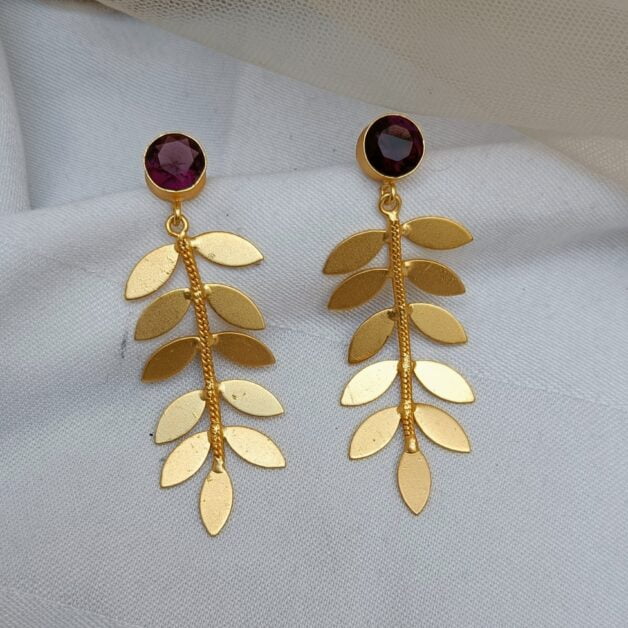 Gold Plated Leafy Chain Pearl Dangler Earrings-Purple