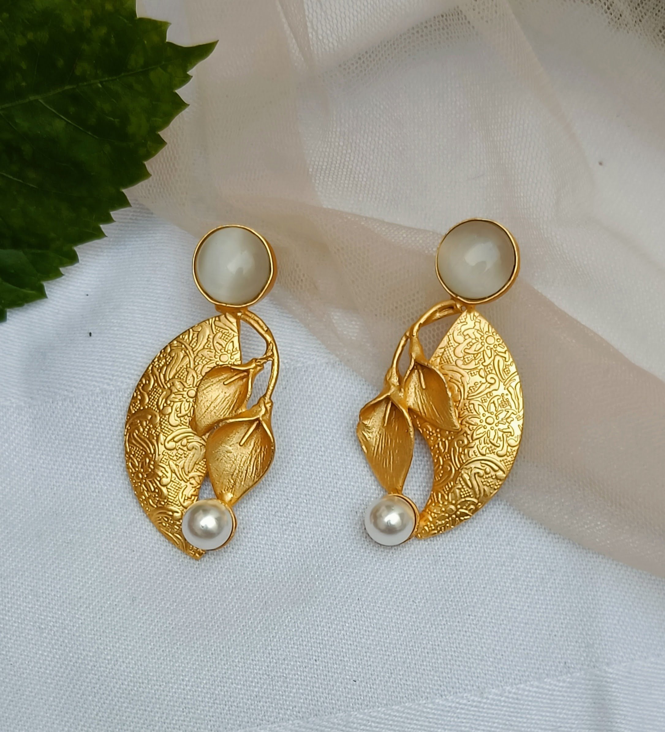 Gold Plated White Stone designer Leaf Earrings
