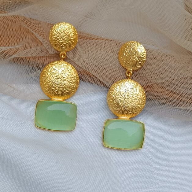 Gold Plated Designer Mint Green Natural Stone Dangler Earrings