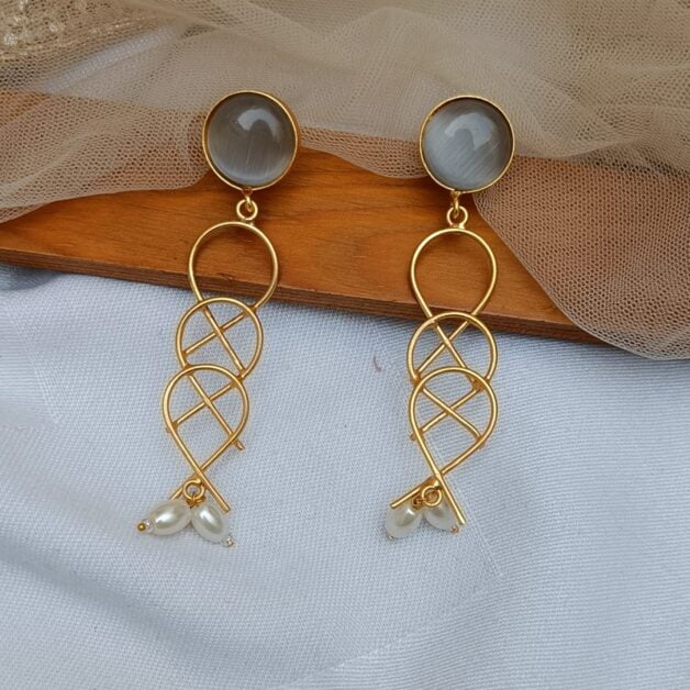 Gold Plated White Stone X Design Earrings
