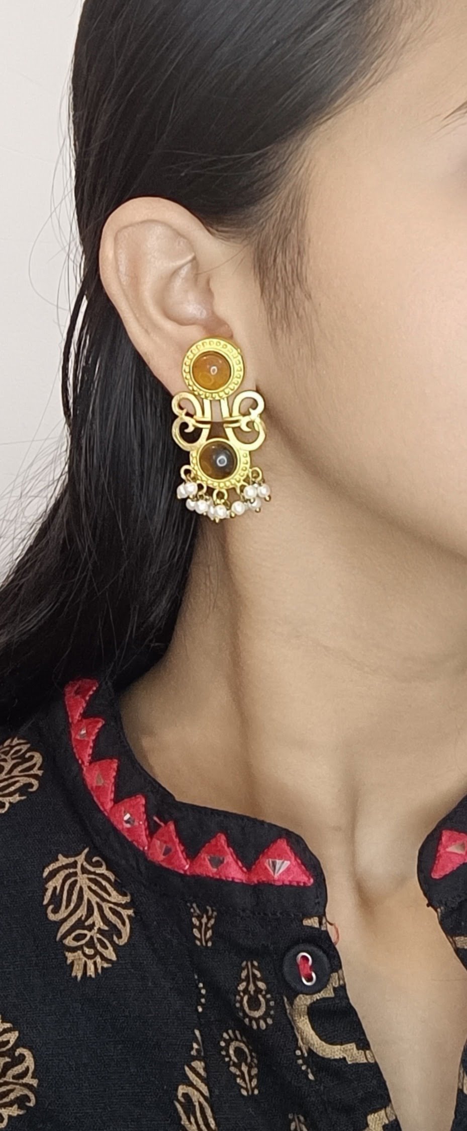 Gold Plated Yellow Stone Designer Earrings - Image 2