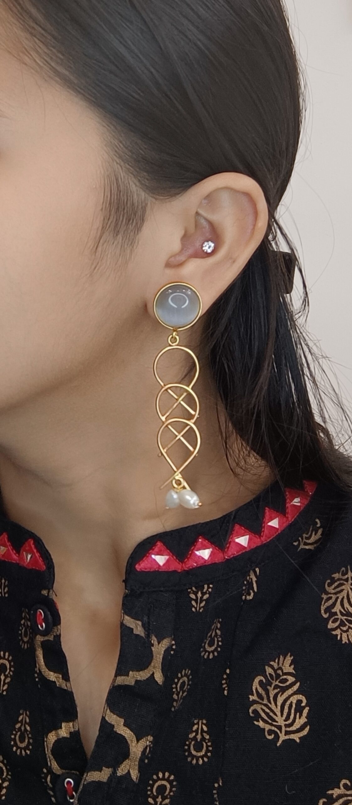 Gold Plated White Stone X Design Earrings - Image 2