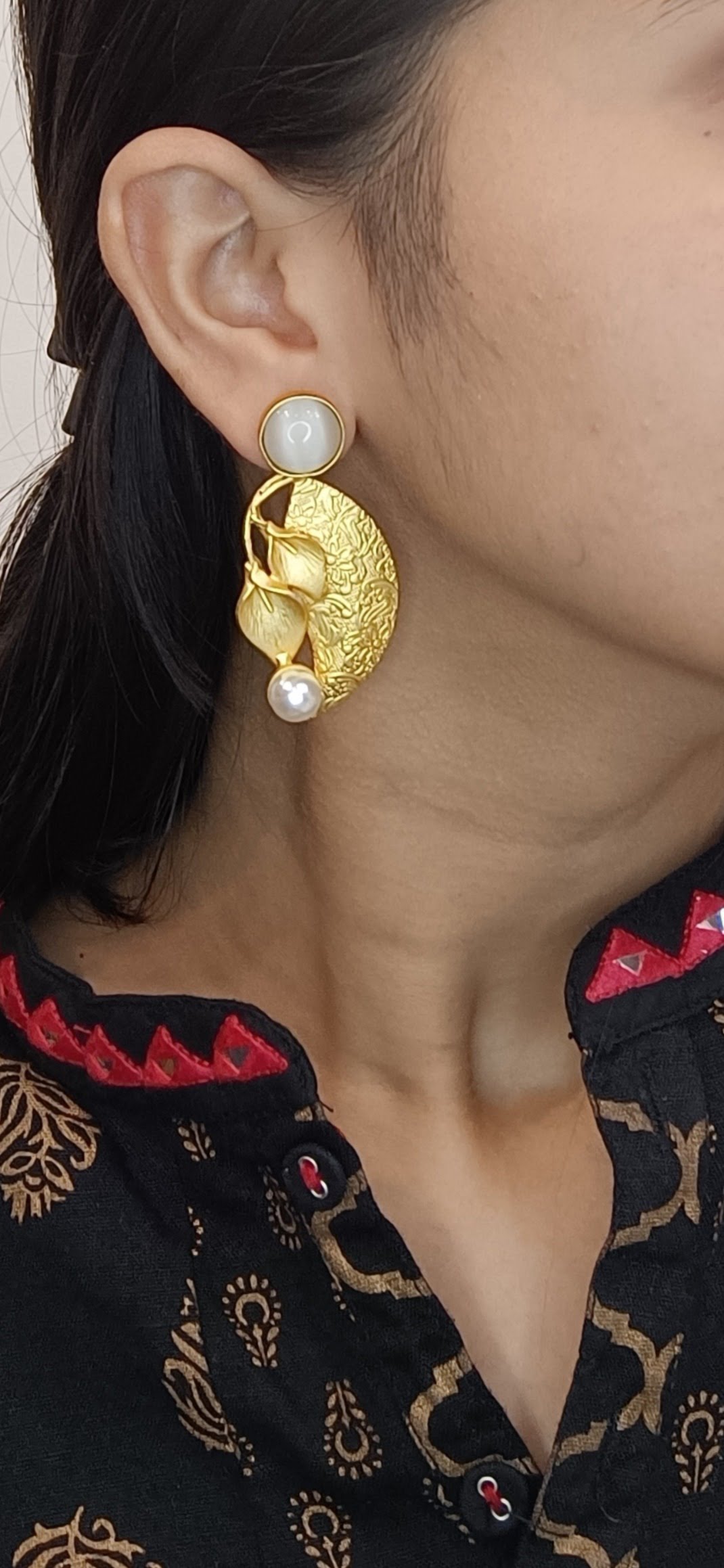 Gold Plated White Stone designer Leaf Earrings - Image 2