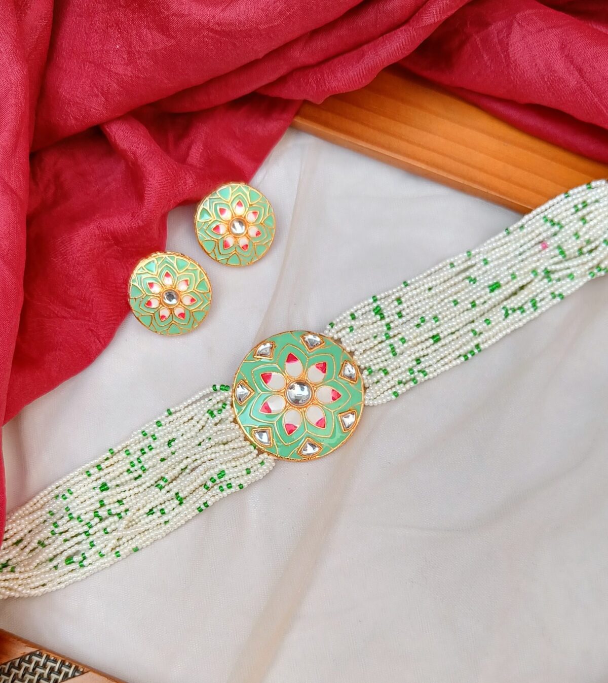Hand Painted Green Meenakari Choker Necklace Set