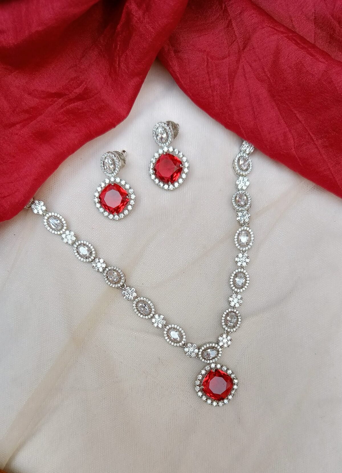 Silver Plated American Diamond Red Stone Designer Necklace Set