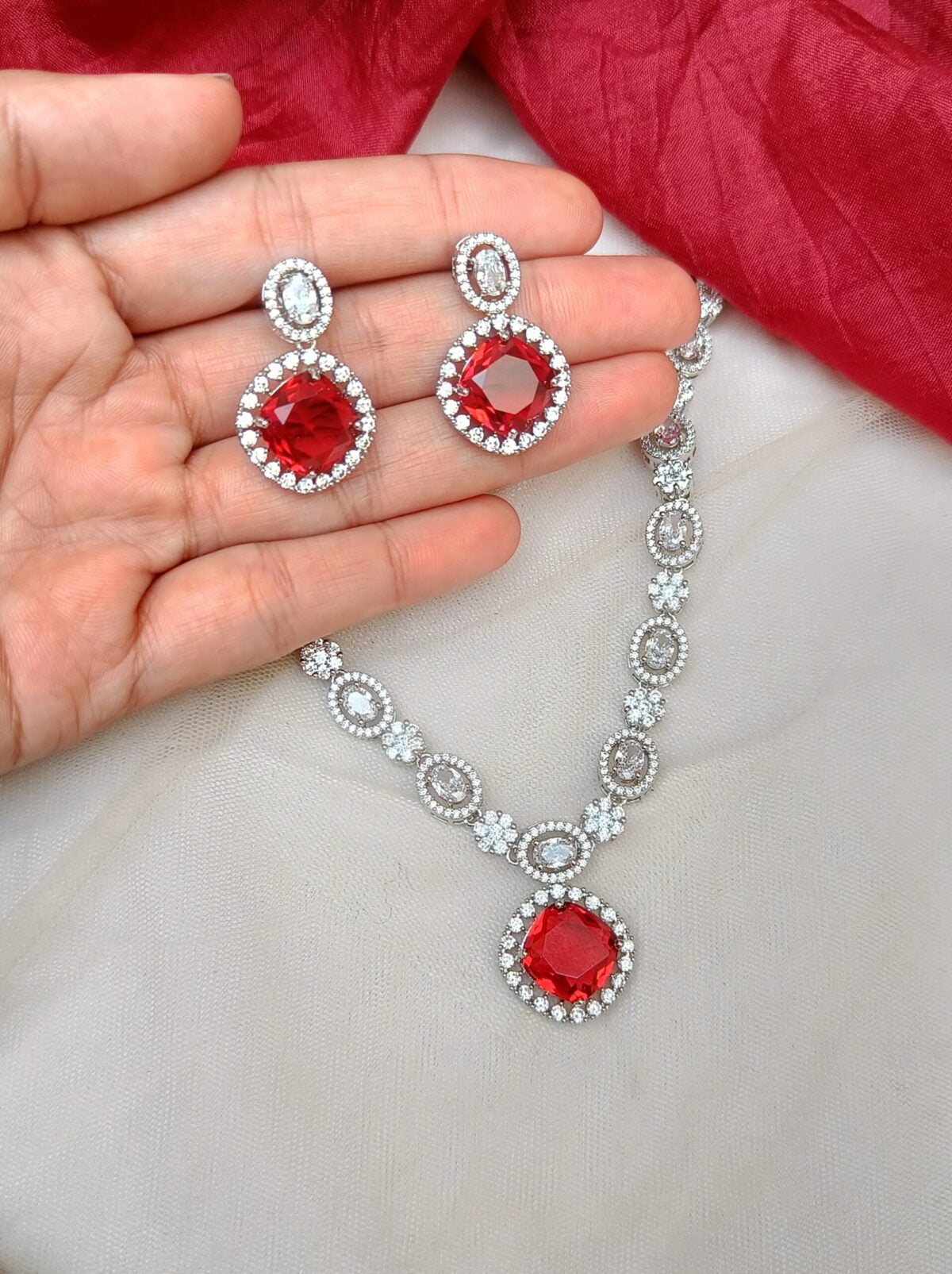 Silver Plated American Diamond Red Stone Designer Necklace Set - Image 2