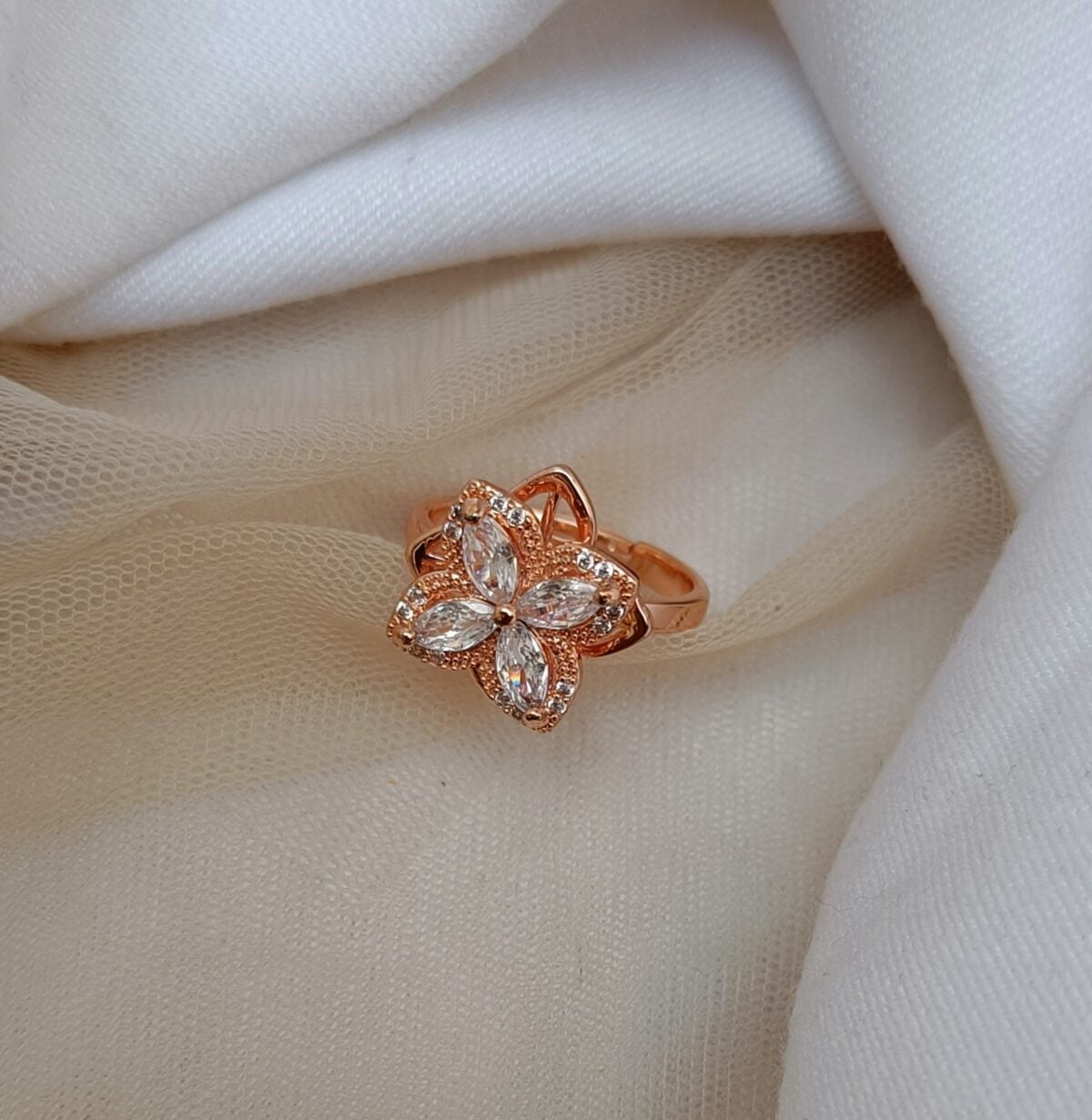 Rose Gold Plated American diamond Flower Moving Adjustable ring(52)