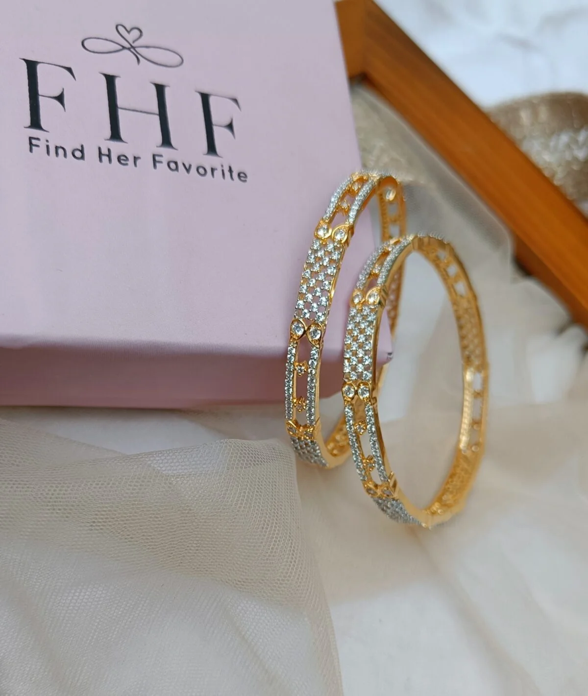 Rhodium Gold plated American Diamond Bangle Set - Image 3