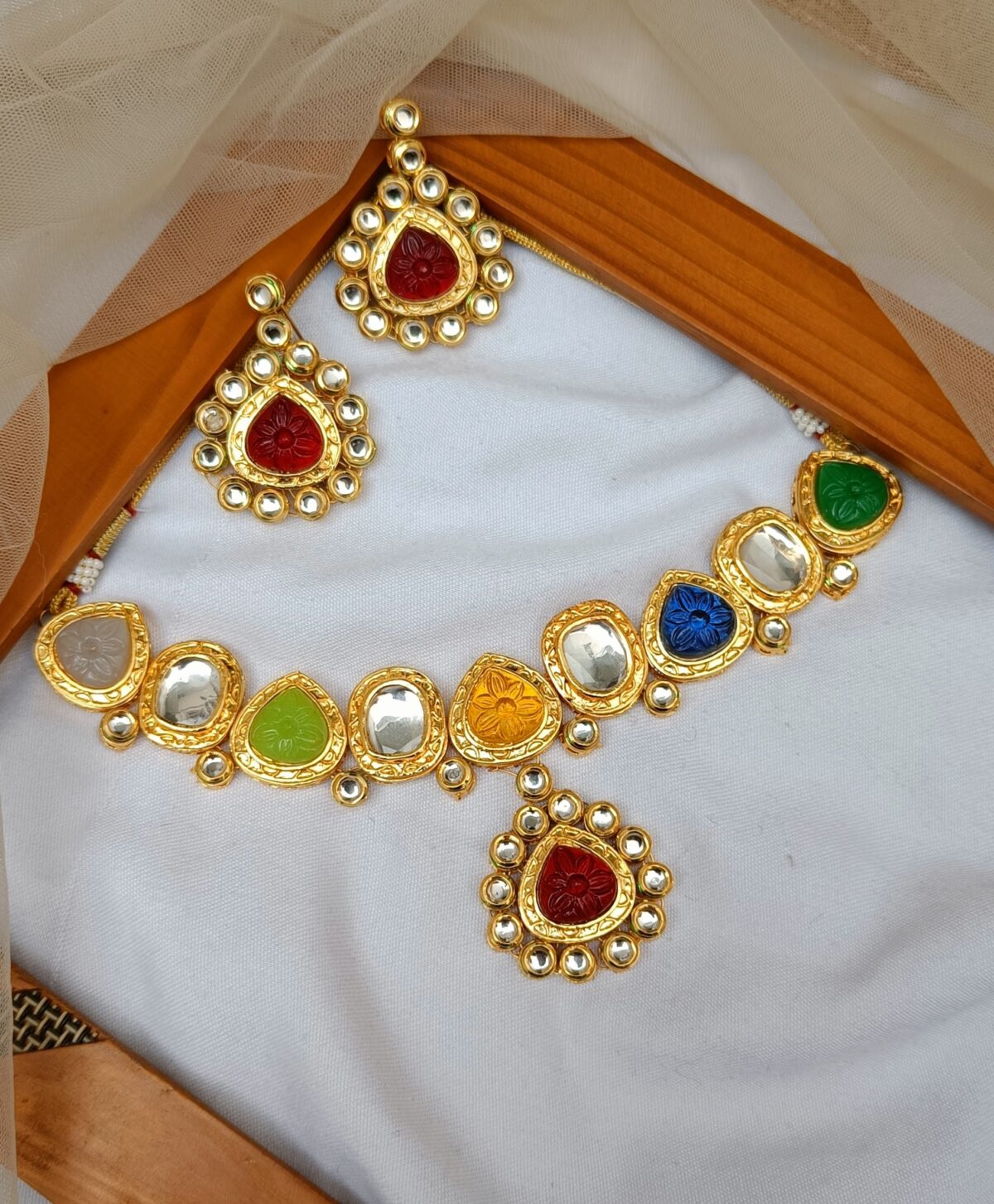 Gold Plated Multicolor Kundan Necklace Set - Image 2