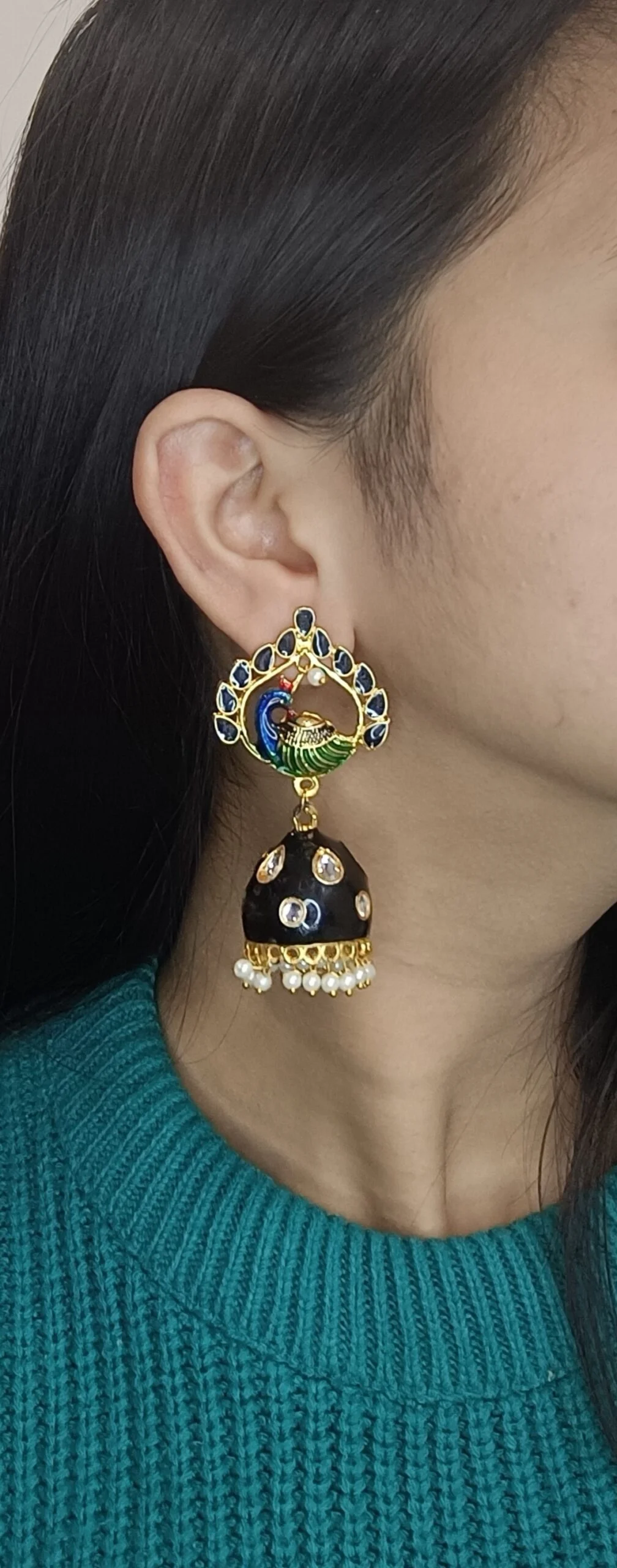 Gold Plated Black Taj Peacock KM Jhumka Earrings - Image 2