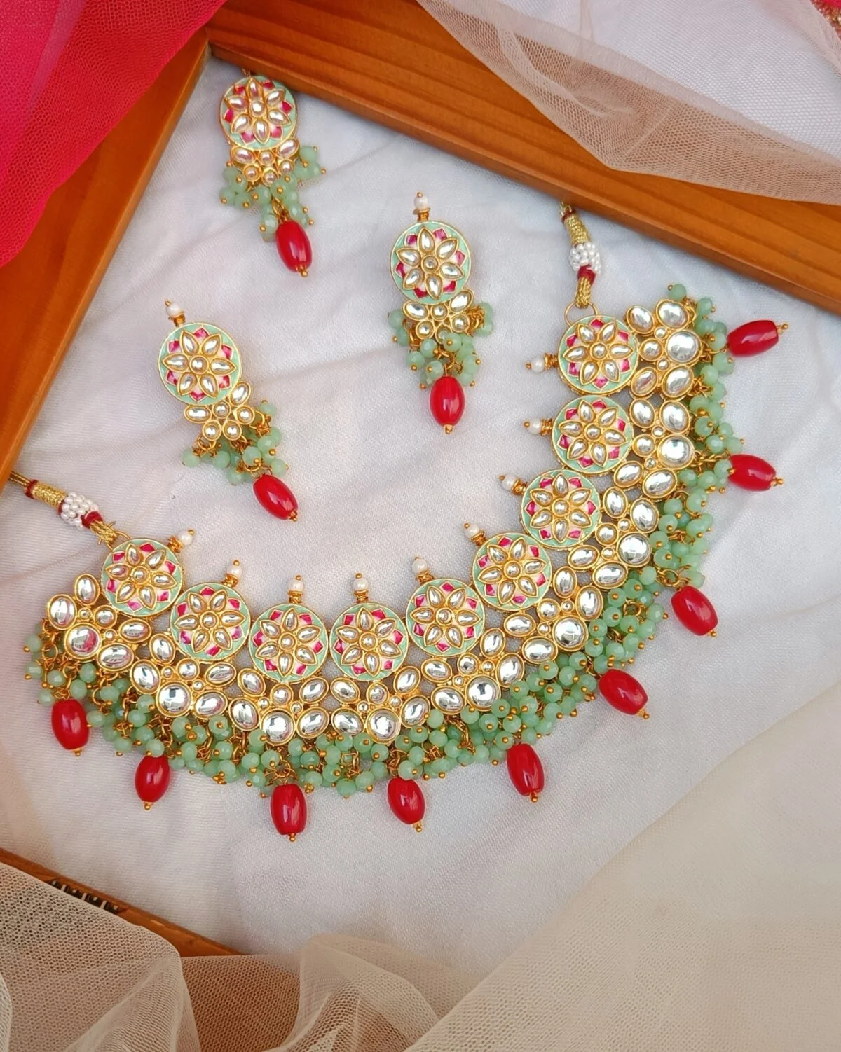 Gold Plated Mint Green Kundan Meenakari Traditional Necklace Set - Image 2